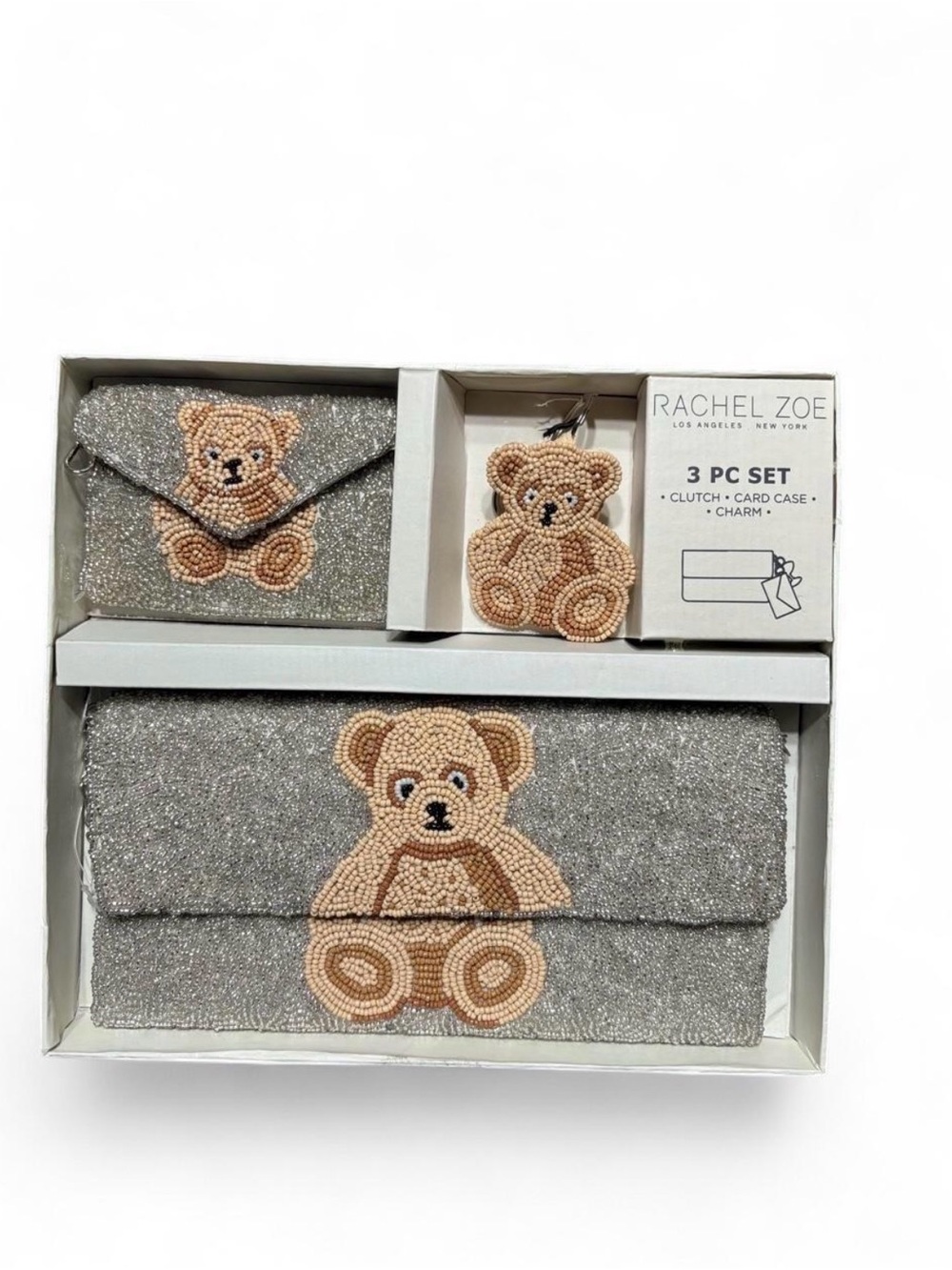 NIB Rachel Zoe Silver Glitter Teddy 3-Piece Clutch Set Card Case Charm Glam Y2K